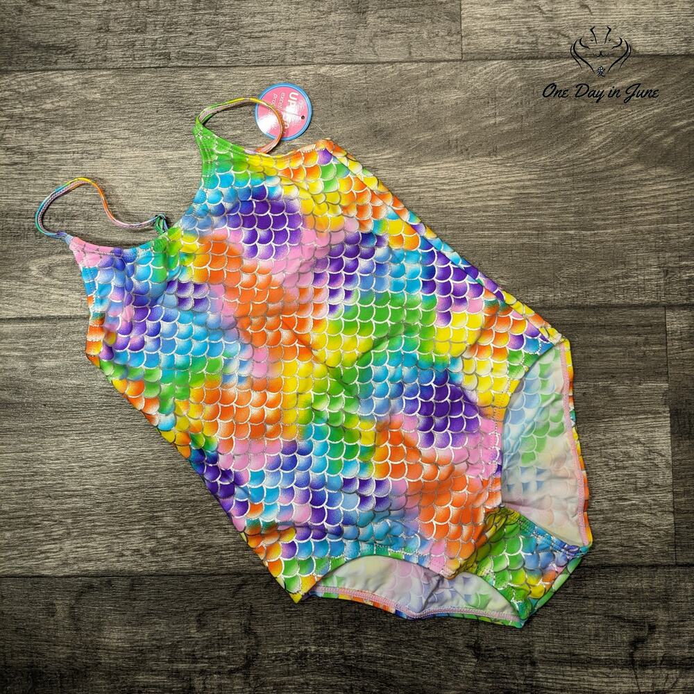 Sanifer Girls Mermaid Scales One Piece Swimsuit Rainbow NWT UPF 50+ Size 9-10